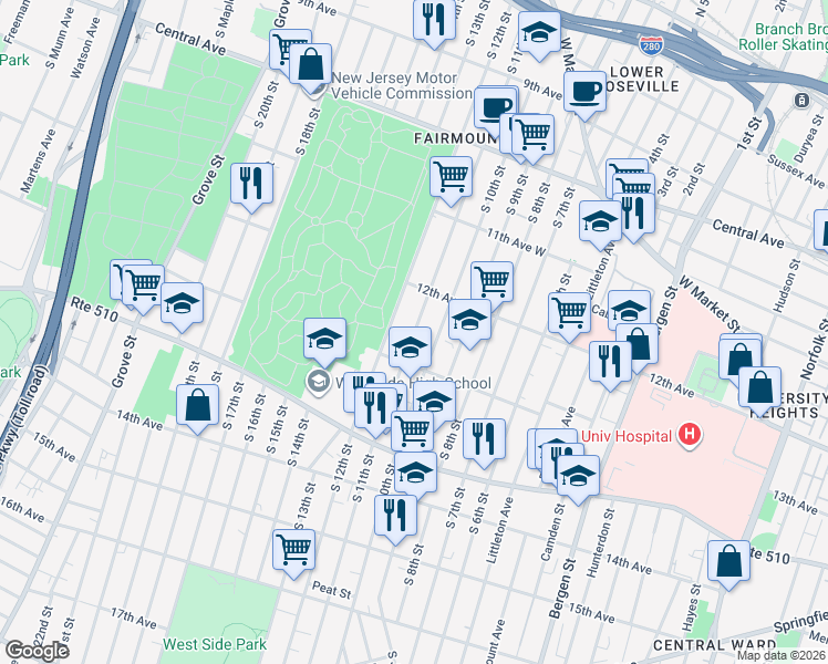 map of restaurants, bars, coffee shops, grocery stores, and more near 284 South 12th Street in Newark