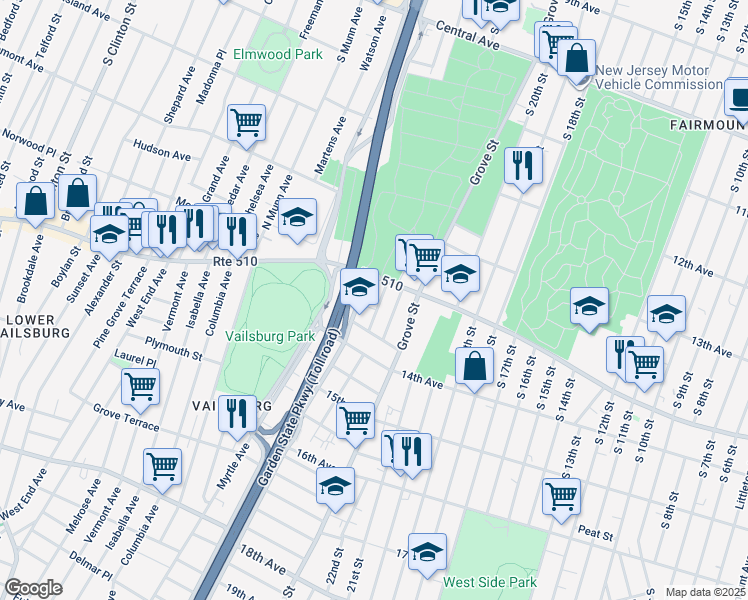 map of restaurants, bars, coffee shops, grocery stores, and more near 618 Route 510 in Newark