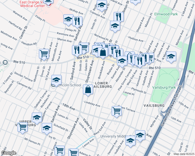 map of restaurants, bars, coffee shops, grocery stores, and more near 52 Brookdale Avenue in Newark