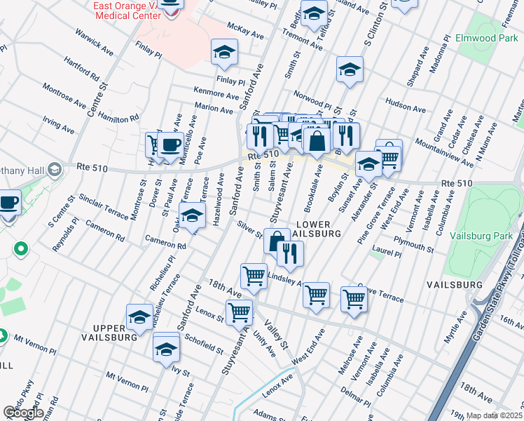 map of restaurants, bars, coffee shops, grocery stores, and more near 17 Rockland Terrace in Newark