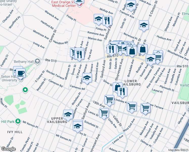 map of restaurants, bars, coffee shops, grocery stores, and more near 35 Hazelwood Avenue in Newark