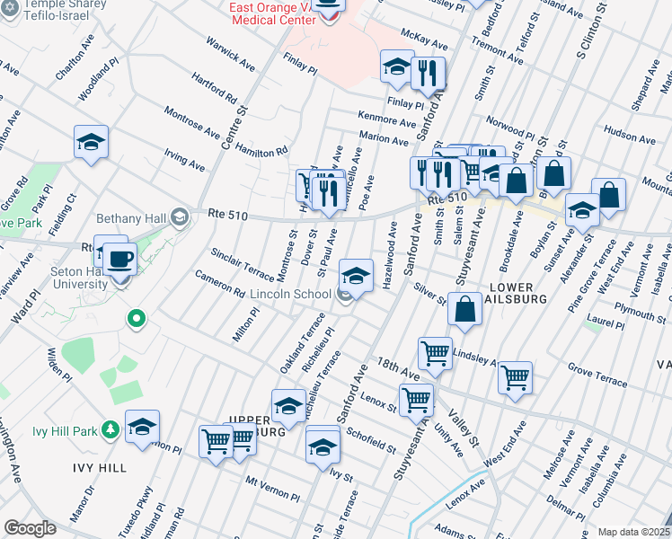 map of restaurants, bars, coffee shops, grocery stores, and more near 33 Saint Paul Avenue in Newark