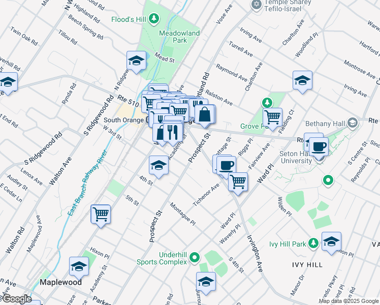 map of restaurants, bars, coffee shops, grocery stores, and more near 16 Academy Street in South Orange