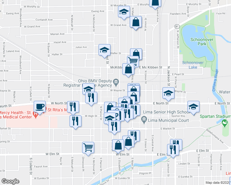 map of restaurants, bars, coffee shops, grocery stores, and more near 417 North West Street in Lima