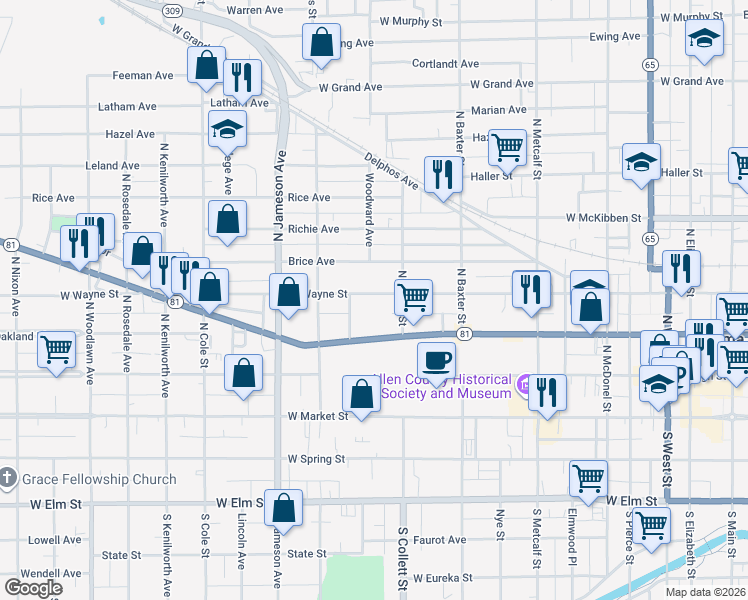 map of restaurants, bars, coffee shops, grocery stores, and more near 928 West Wayne Street in Lima