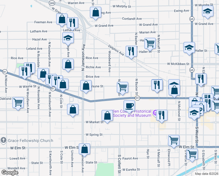map of restaurants, bars, coffee shops, grocery stores, and more near 928 West Wayne Street in Lima