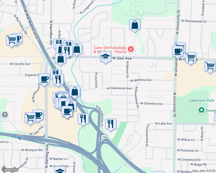 map of restaurants, bars, coffee shops, grocery stores, and more near 1909 West Marlene Avenue in Peoria