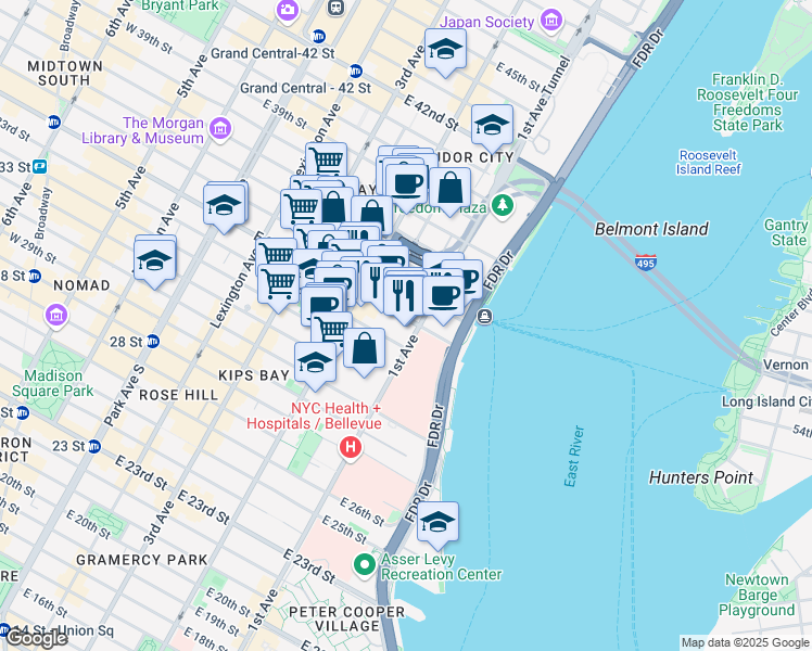 map of restaurants, bars, coffee shops, grocery stores, and more near 344 1st Avenue in New York