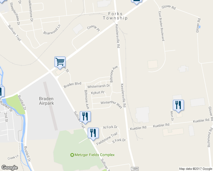 map of restaurants, bars, coffee shops, grocery stores, and more near 659 Whitemarsh Drive in Easton