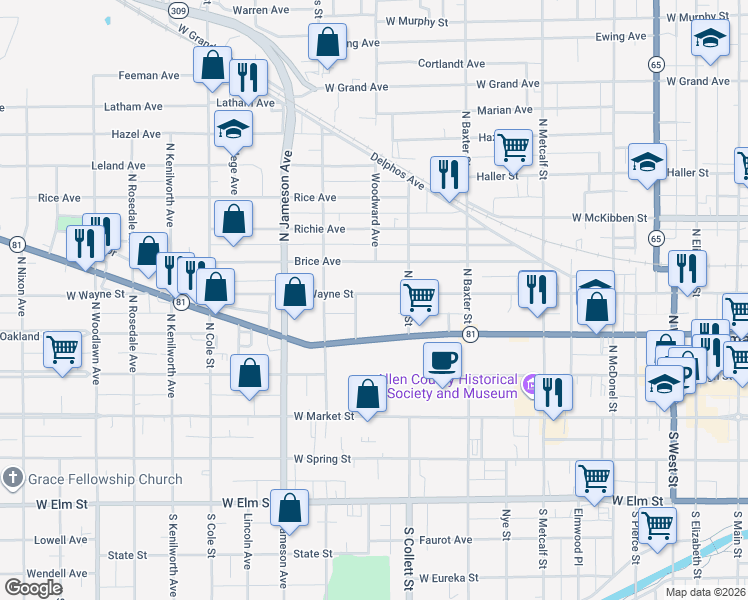 map of restaurants, bars, coffee shops, grocery stores, and more near 928 West Wayne Street in Lima
