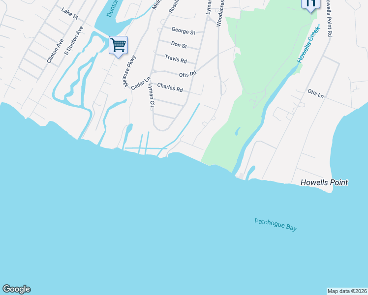 map of restaurants, bars, coffee shops, grocery stores, and more near 300 Woodacres Road in East Patchogue