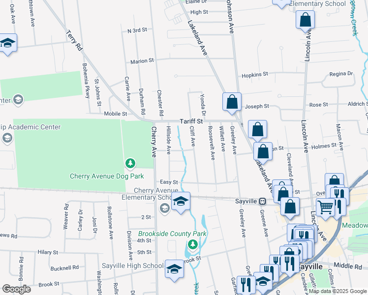 map of restaurants, bars, coffee shops, grocery stores, and more near 91 Tower Street in Sayville