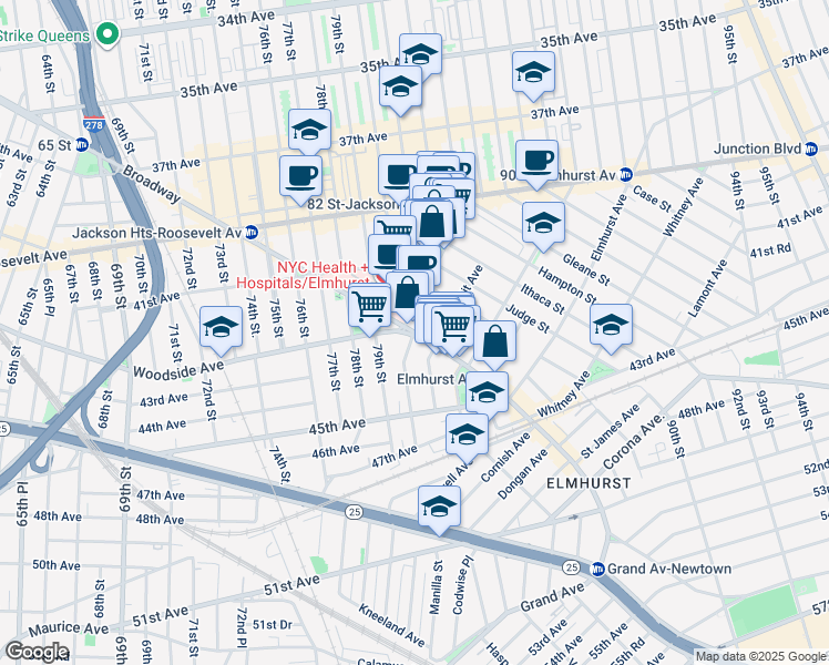 map of restaurants, bars, coffee shops, grocery stores, and more near 80-1 Broadway in Queens