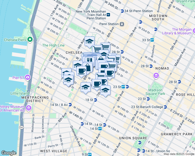 map of restaurants, bars, coffee shops, grocery stores, and more near 240 West 22nd Street in New York