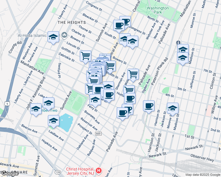 map of restaurants, bars, coffee shops, grocery stores, and more near 50 Cambridge Avenue in Jersey City