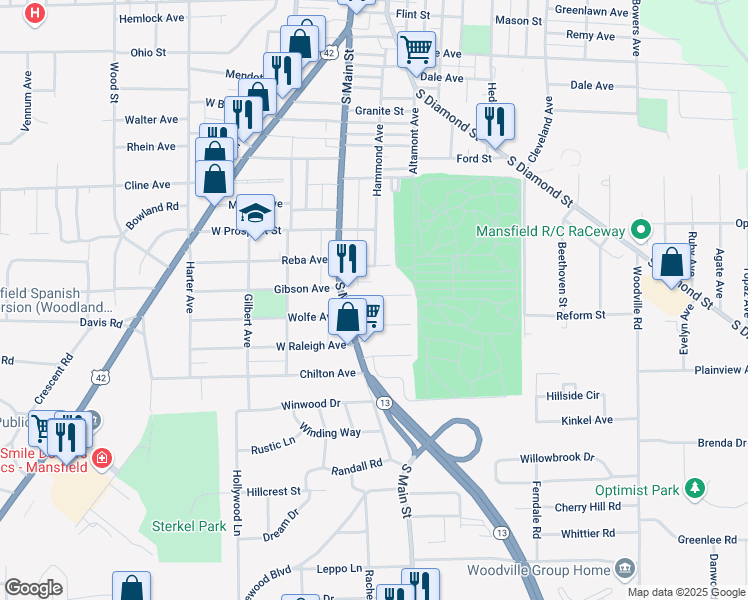 map of restaurants, bars, coffee shops, grocery stores, and more near 48 Mansfield Avenue in Mansfield