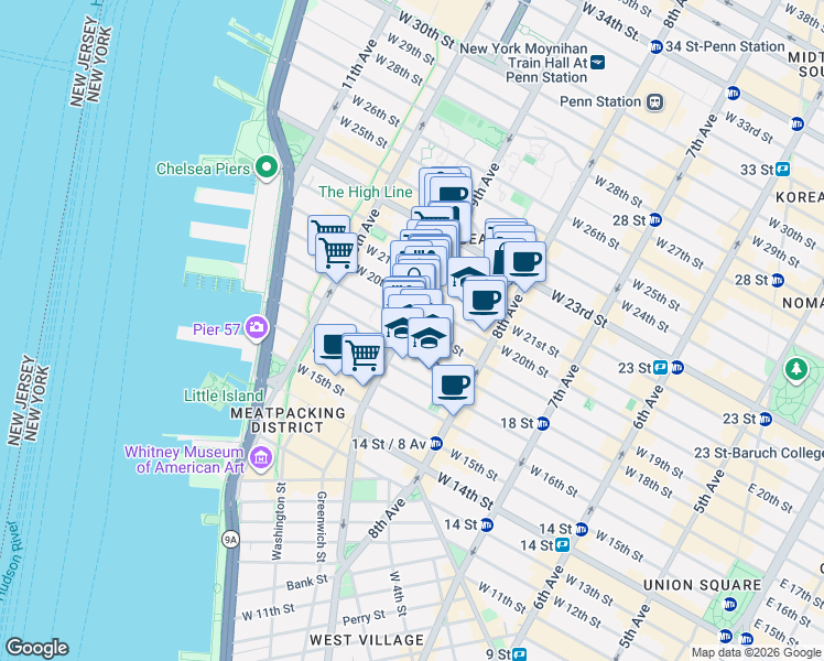 map of restaurants, bars, coffee shops, grocery stores, and more near 162 9th Avenue in New York