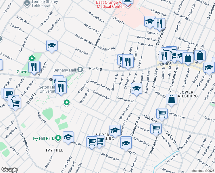 map of restaurants, bars, coffee shops, grocery stores, and more near 52 South Stanley Road in South Orange