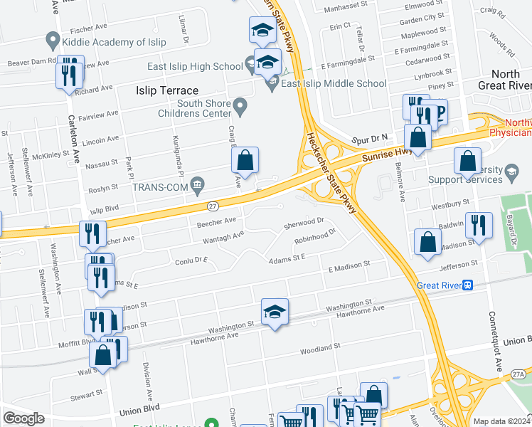 map of restaurants, bars, coffee shops, grocery stores, and more near 113 Beecher Avenue in East Islip