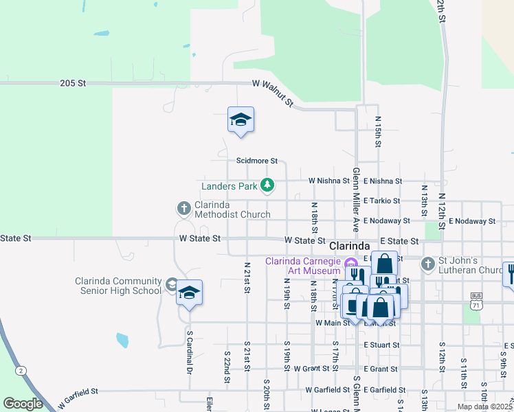 map of restaurants, bars, coffee shops, grocery stores, and more near 501-599 West Tarkio Street in Clarinda
