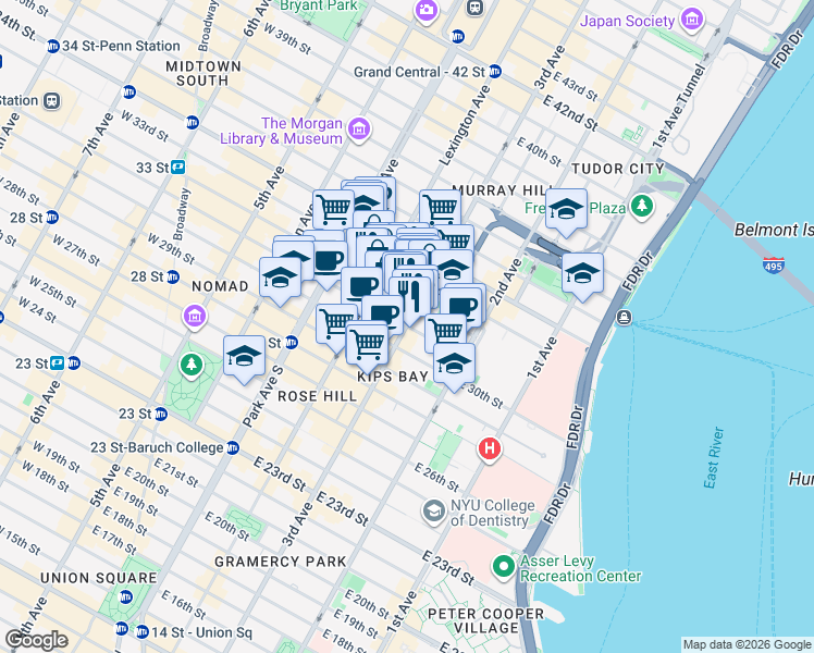 map of restaurants, bars, coffee shops, grocery stores, and more near 3rd Ave & E 31st St in New York