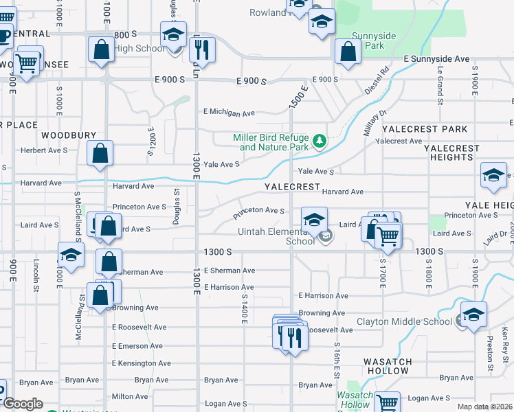 map of restaurants, bars, coffee shops, grocery stores, and more near 1419 Princeton Avenue South in Salt Lake City