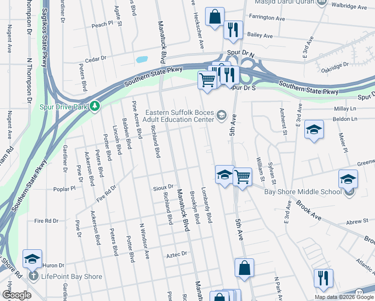 map of restaurants, bars, coffee shops, grocery stores, and more near 1442 Lombardy Boulevard in Bay Shore
