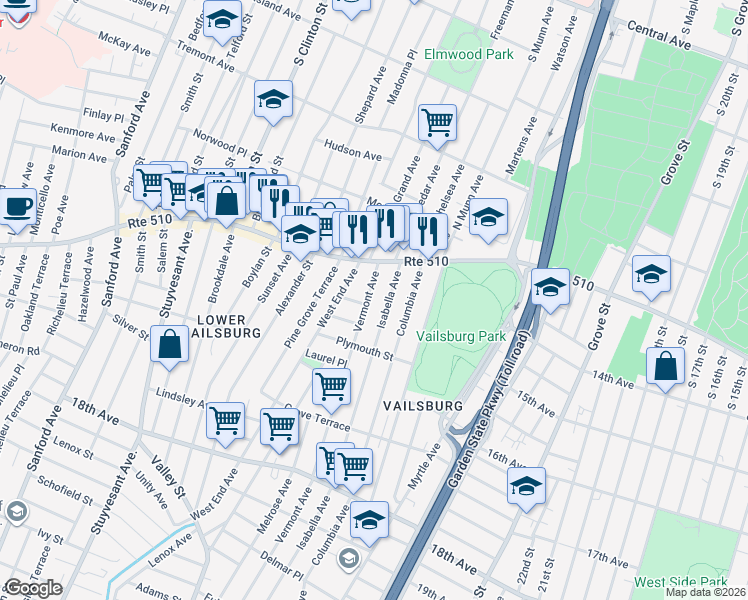 map of restaurants, bars, coffee shops, grocery stores, and more near 10 West End Avenue in Newark