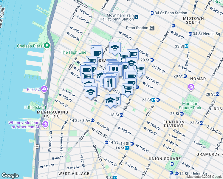 map of restaurants, bars, coffee shops, grocery stores, and more near 219 8th Avenue in New York
