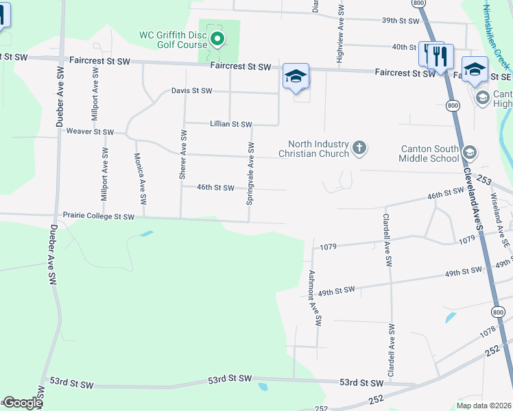 map of restaurants, bars, coffee shops, grocery stores, and more near 814 46th Street Southwest in Canton