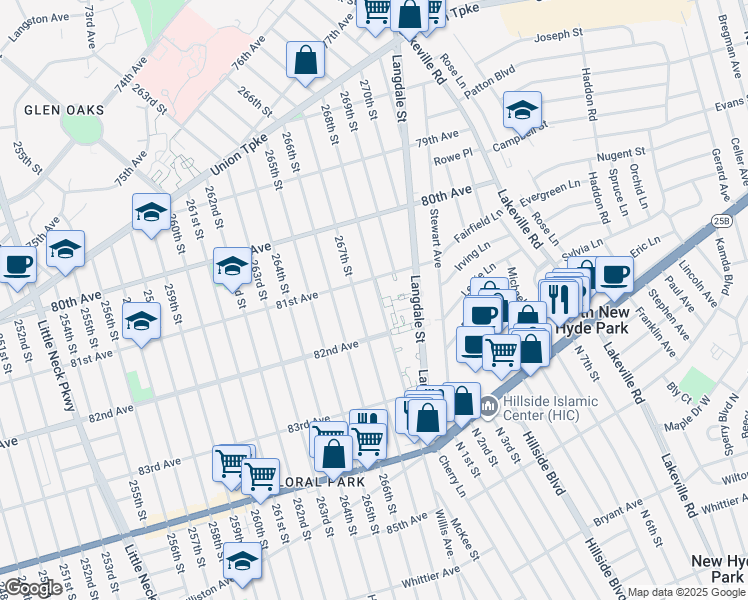 map of restaurants, bars, coffee shops, grocery stores, and more near 81-22 268th Street in Queens