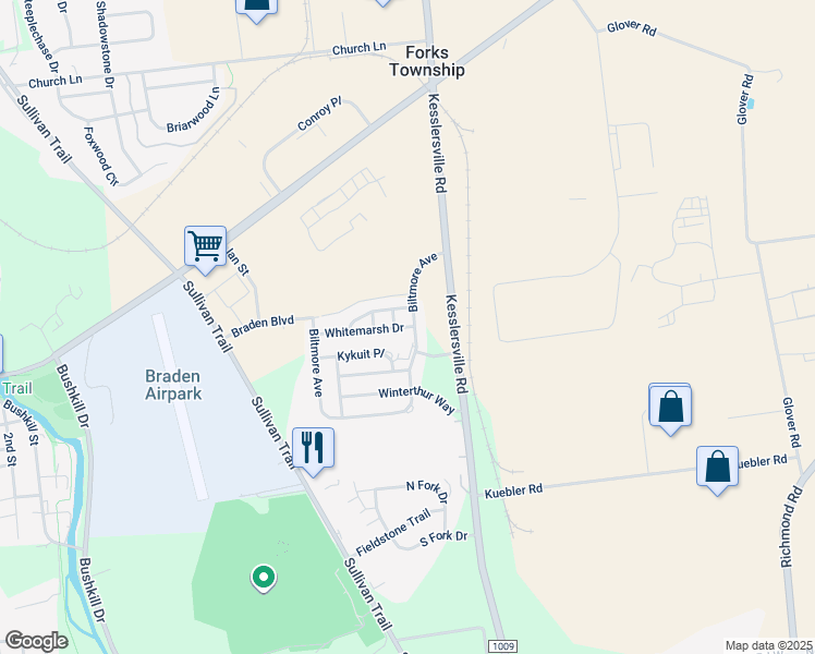 map of restaurants, bars, coffee shops, grocery stores, and more near 635 Whitemarsh Drive in Easton