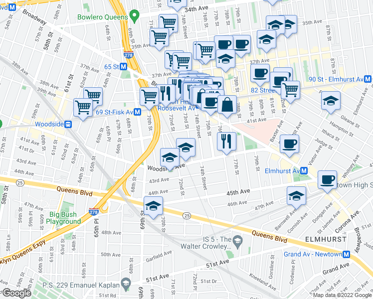 map of restaurants, bars, coffee shops, grocery stores, and more near in Queens