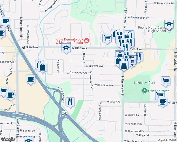 map of restaurants, bars, coffee shops, grocery stores, and more near 1637 West Clarewood Avenue in Peoria