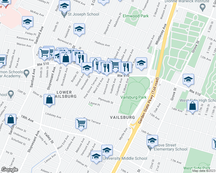 map of restaurants, bars, coffee shops, grocery stores, and more near 34 Vermont Avenue in Newark