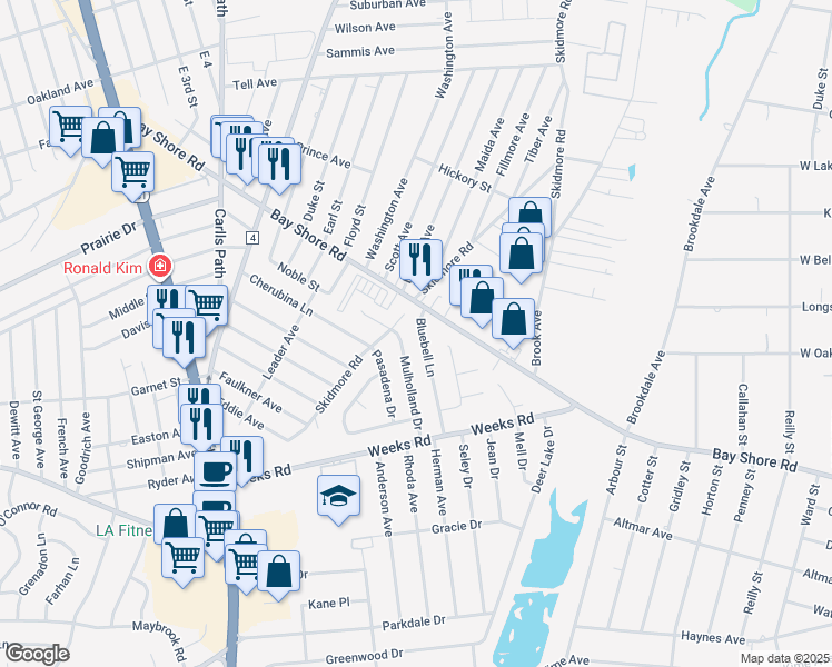 map of restaurants, bars, coffee shops, grocery stores, and more near 206 Skidmore Road in North Babylon