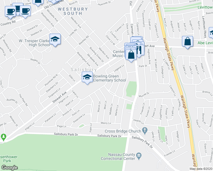 map of restaurants, bars, coffee shops, grocery stores, and more near 92 Land Lane in Westbury