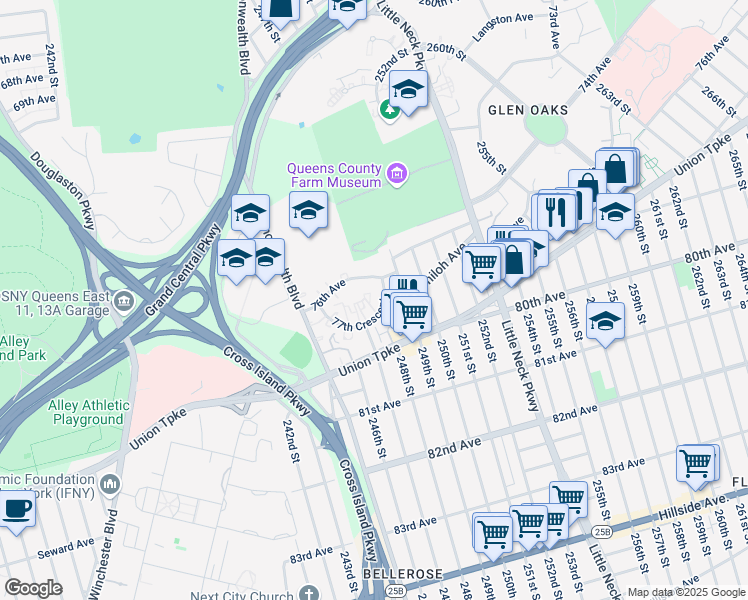 map of restaurants, bars, coffee shops, grocery stores, and more near 247-20 76th Avenue in Queens
