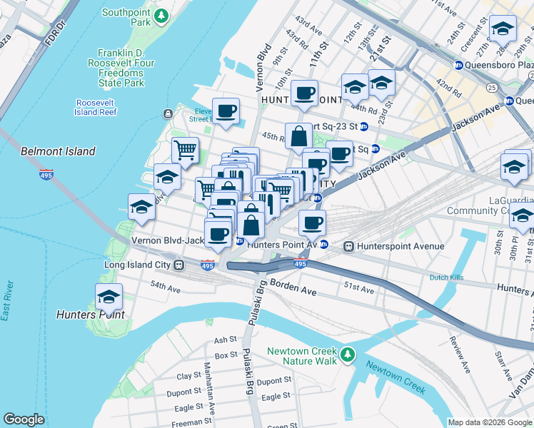 map of restaurants, bars, coffee shops, grocery stores, and more near 10-49 47th Road in Queens
