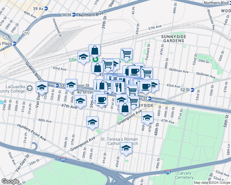 map of restaurants, bars, coffee shops, grocery stores, and more near 41-1 Queens Boulevard in Queens