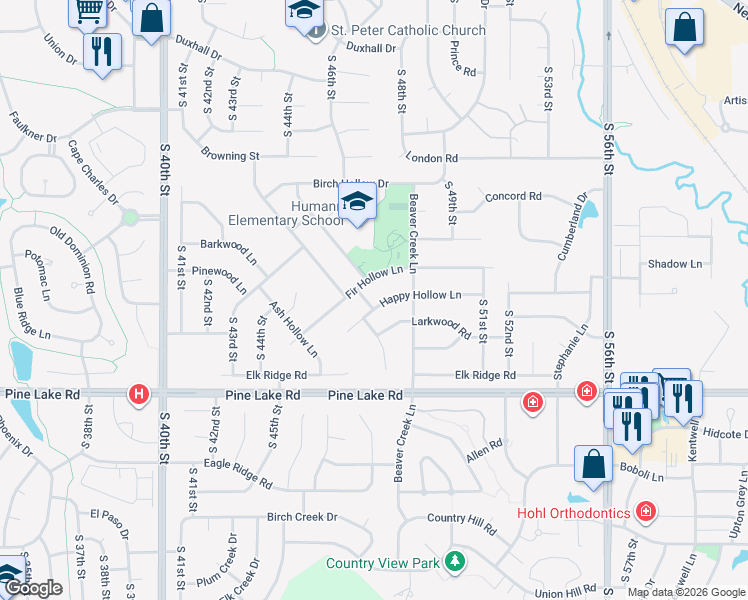 map of restaurants, bars, coffee shops, grocery stores, and more near 4719 Fir Hollow Lane in Lincoln