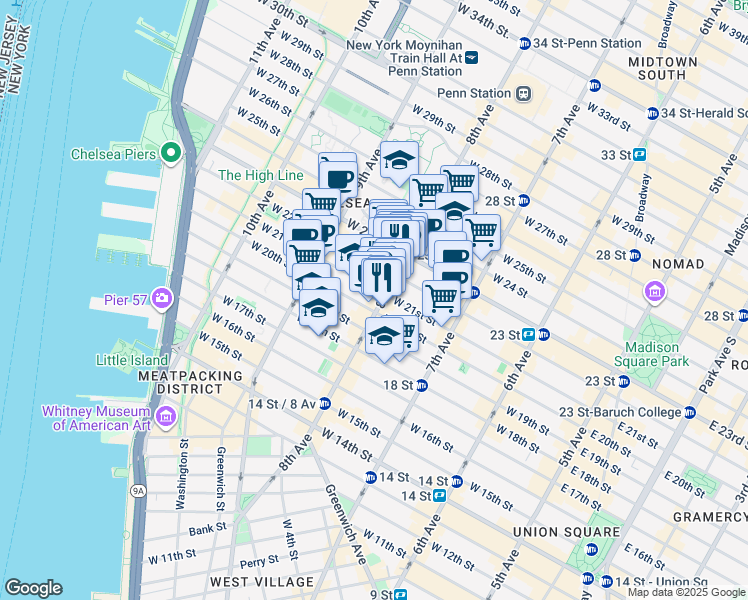 map of restaurants, bars, coffee shops, grocery stores, and more near 219 8th Avenue in New York