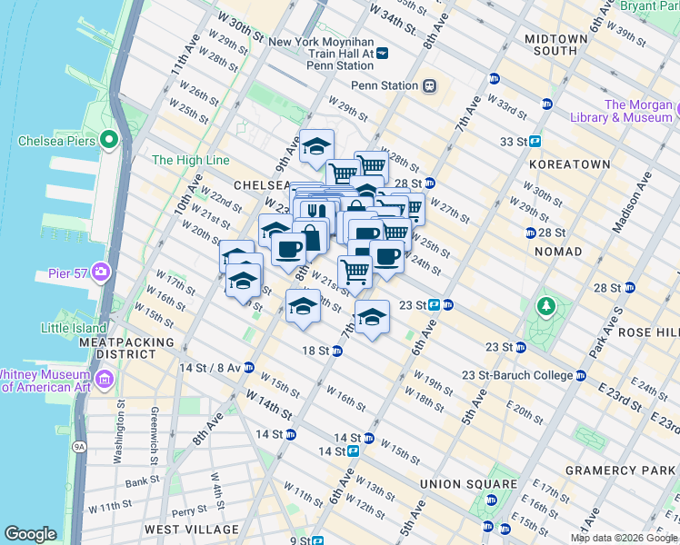 map of restaurants, bars, coffee shops, grocery stores, and more near 240 West 22nd Street in New York