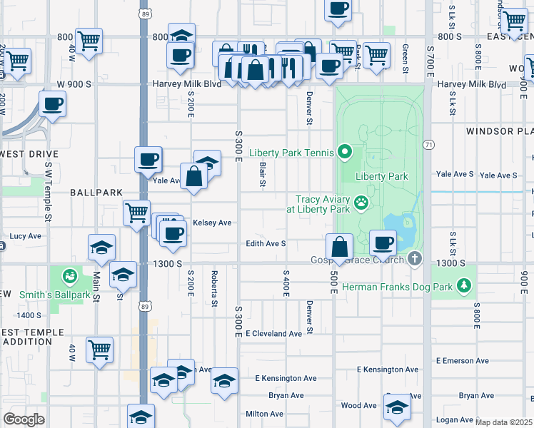 map of restaurants, bars, coffee shops, grocery stores, and more near 352 Hampton Avenue South in Salt Lake City
