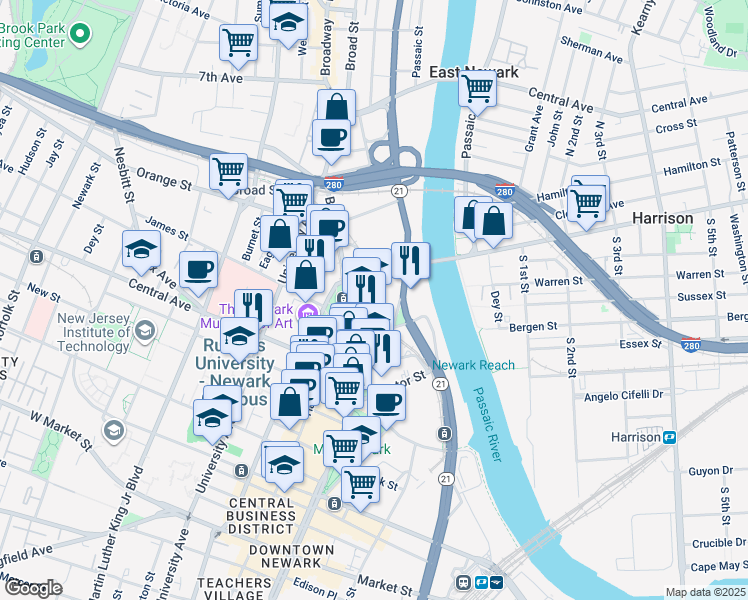 map of restaurants, bars, coffee shops, grocery stores, and more near 11 Bridge Street in Newark