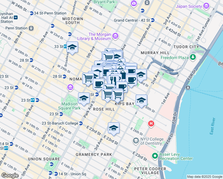 map of restaurants, bars, coffee shops, grocery stores, and more near 114 East 32nd Street in New York