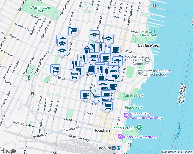 map of restaurants, bars, coffee shops, grocery stores, and more near in Hoboken