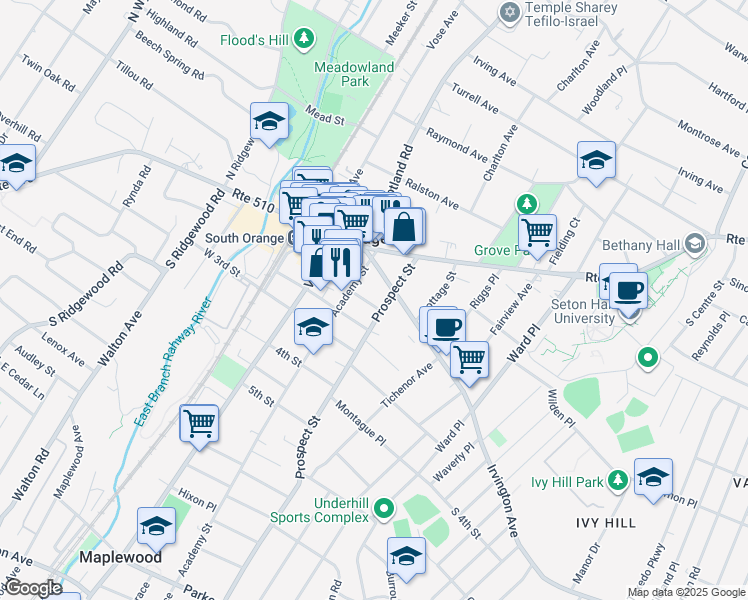 map of restaurants, bars, coffee shops, grocery stores, and more near 16 Academy Street in South Orange