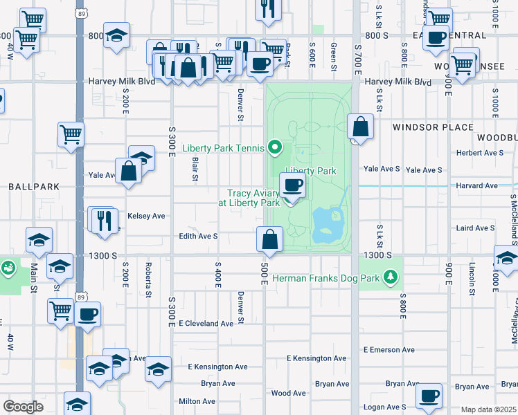 map of restaurants, bars, coffee shops, grocery stores, and more near 1152 South 500 East in Salt Lake City