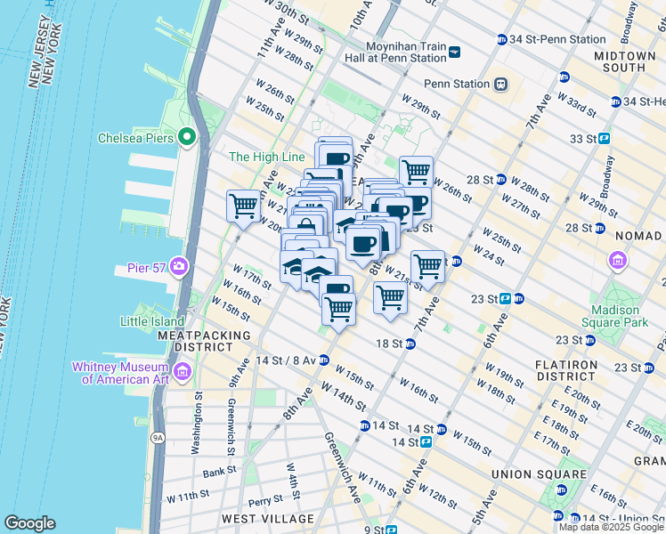map of restaurants, bars, coffee shops, grocery stores, and more near 336 West 20th Street in New York